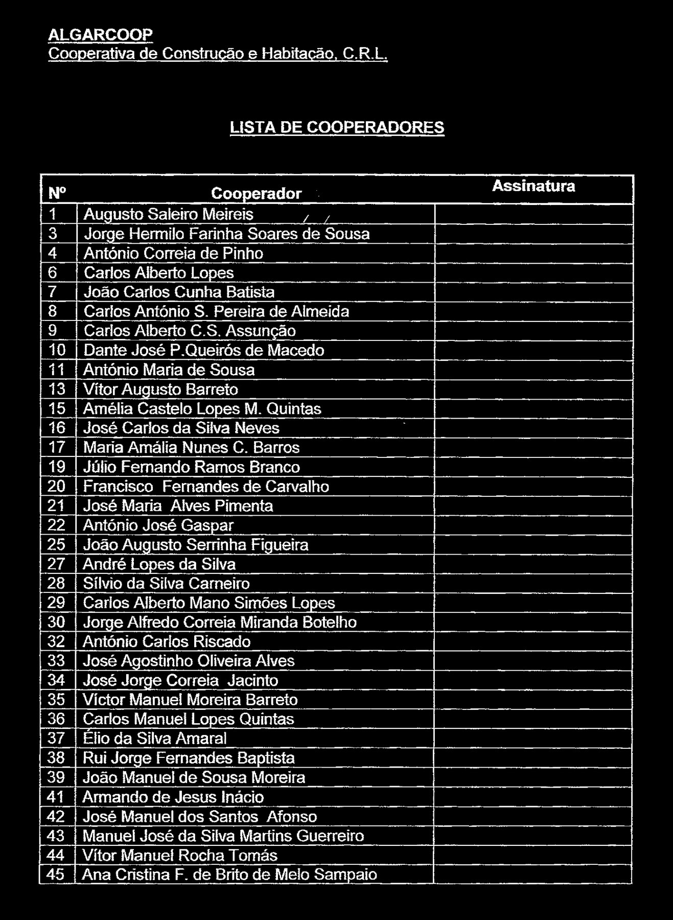 Lista de contratantes da cooperativa